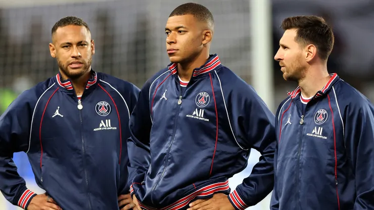Paris Saint-Germain's Argentinian forward Lionel Messi, Neymar and Kylian Mbappe
