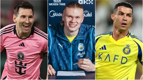 Lionel Messi (left), Erling Haaland (center), and Cristiano Ronaldo (right)