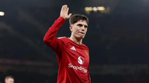 Alejandro Garnacho of Manchester United waves to the Stretford End after the Premier League match between Manchester United FC and Southampton FC at Old Trafford on January 16, 2025 in Manchester, England.