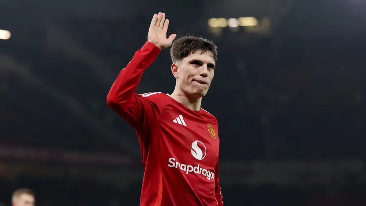 Alejandro Garnacho of Manchester United waves to the Stretford End after the Premier League match between Manchester United FC and Southampton FC at Old Trafford on January 16, 2025 in Manchester, England.