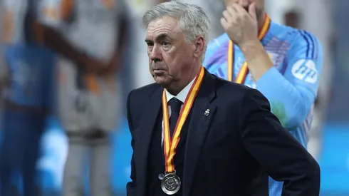 Carlo Ancelotti, Head Coach of Real Madrid, looks on with his Supercopa de Espana runners up medal during the trophy presentation after the Spanish Super Cup Final between Real Madrid and FC Barcelona at King Abdullah Sports City on January 12, 2025 in Jeddah, Saudi Arabia.