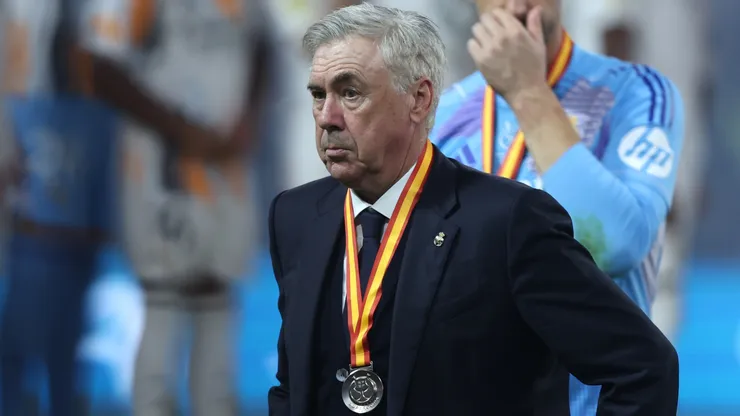 Carlo Ancelotti, Head Coach of Real Madrid, looks on with his Supercopa de Espana runners up medal during the trophy presentation after the Spanish Super Cup Final between Real Madrid and FC Barcelona at King Abdullah Sports City on January 12, 2025 in Jeddah, Saudi Arabia.