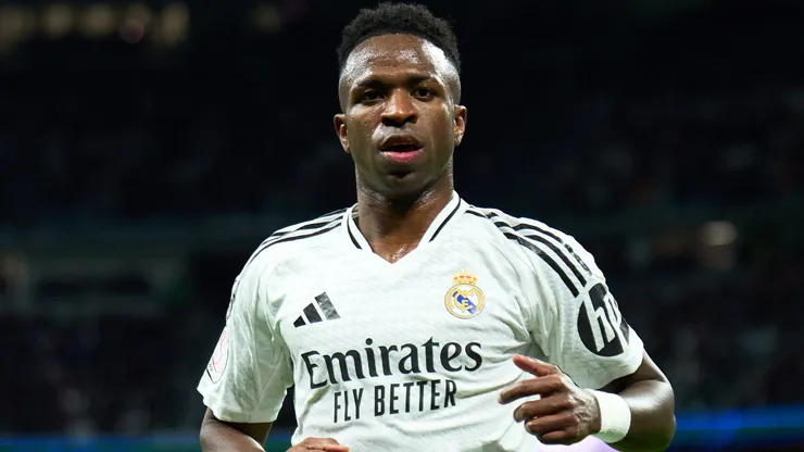 Vinicius Junior of Real Madrid looks on during the Copa Del Rey match between Real Madrid and Celta de Vigo at Estadio Santiago Bernabeu on January 16, 2025 in Madrid, Spain.