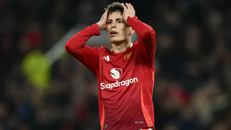 Alejandro Garnacho of Manchester United reacts after he misses a chance during the Premier League match between Manchester United FC and Southampton FC at Old Trafford on January 16, 2025 in Manchester, England.