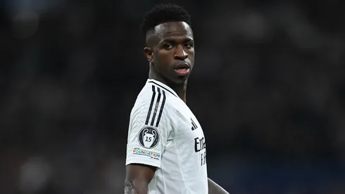 Vinicius Junior of Real Madrid looks on during the UEFA Champions League 2024/25 League Phase MD7 match between Real Madrid C.F. and FC Salzburg at Estadio Santiago Bernabeu on January 22, 2025 in Madrid, Spain.