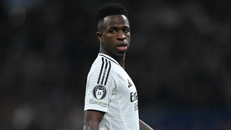 Vinicius Junior of Real Madrid looks on during the UEFA Champions League 2024/25 League Phase MD7 match between Real Madrid C.F. and FC Salzburg at Estadio Santiago Bernabeu on January 22, 2025 in Madrid, Spain.