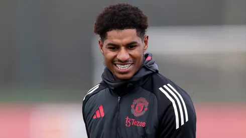 Marcus Rashford of Manchester United during the UEFA Europa League 2024/25 League Phase MD7 training and press conference at Carrington Training Ground on January 22, 2025 in Manchester, England.