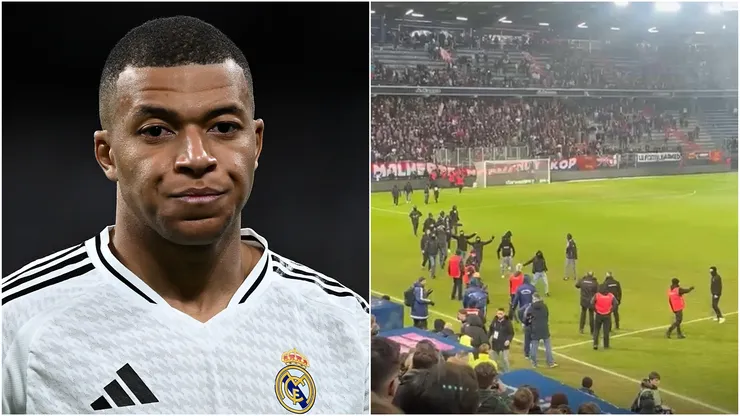 Kylian Mbappe (left) and Caen fans (right)