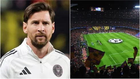 Lionel Messi (left) and Barcelona fans (right)