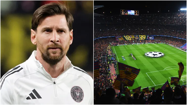 Lionel Messi (left) and Barcelona fans (right)