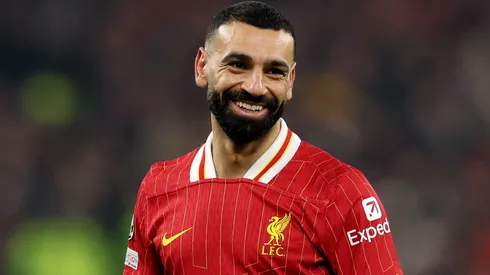 Mohamed Salah of Liverpool reacts during the UEFA Champions League 2024/25 League Phase MD7 match between Liverpool FC and LOSC Lille at Anfield on January 21, 2025 in Liverpool, England.
