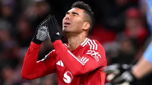 Casemiro of Manchester United reacts during the Premier League match between Manchester United FC and Newcastle United FC at Old Trafford on December 30, 2024 in Manchester, England.