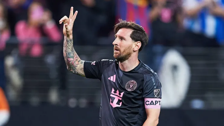 Lionel Messi celebrates his goal 1-1 of Inter Miami during the match between Inter Miami and America as part of the friendly match, at Allegiant Stadium on January 18, 2025 in Las Vegas, Nevada, United States.