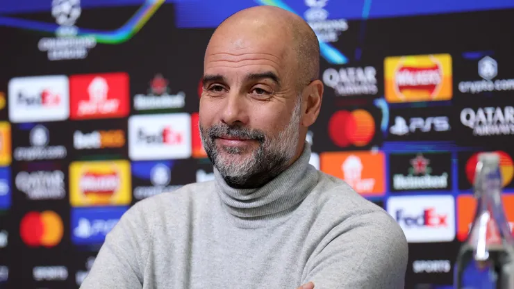 Pep Guardiola, Manchester City Manager speaks to the media during a press conference during the UEFA Champions League 2024/25 League Phase MD8 training and press conference at Manchester City Football Academy on January 28, 2025 in Manchester, England.