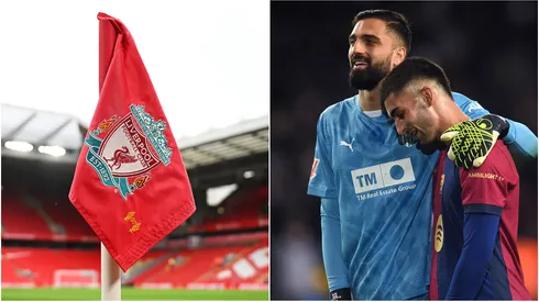 Liverpool corner flag (left) and Ferran Torres, Giorgi Mamardashvili (right)