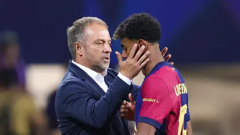 FC Barcelona's Lamine Yamal with head coach Hansi Flick in Champions League draw against Atalanta.