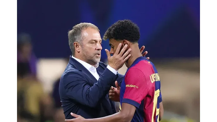 FC Barcelona's Lamine Yamal with head coach Hansi Flick in Champions League draw against Atalanta.