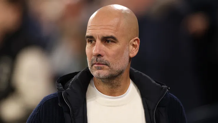 Josep Guardiola, Manager of Manchester City, looks on prior to the UEFA Champions League 2024/25 League Phase MD8 match between Manchester City and Club Brugge KV at City of Manchester Stadium on January 29, 2025 in Manchester, England.