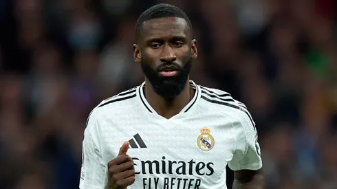 Antonio Rudiger of Real Madrid looks on during the UEFA Champions League 2024/25 League Phase MD7 match between Real Madrid C.F. and FC Salzburg at Estadio Santiago Bernabeu on January 22, 2025 in Madrid, Spain.