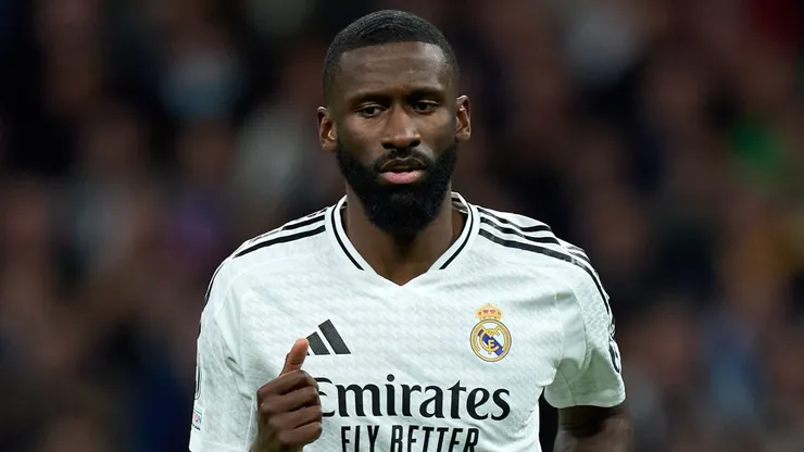 Antonio Rudiger of Real Madrid looks on during the UEFA Champions League 2024/25 League Phase MD7 match between Real Madrid C.F. and FC Salzburg at Estadio Santiago Bernabeu on January 22, 2025 in Madrid, Spain.