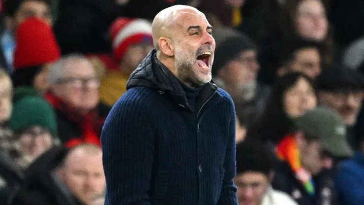 Pep Guardiola, Manager of Manchester City, reacts during the Premier League match between Arsenal FC and Manchester City FC at Emirates Stadium on February 02, 2025 in London, England.