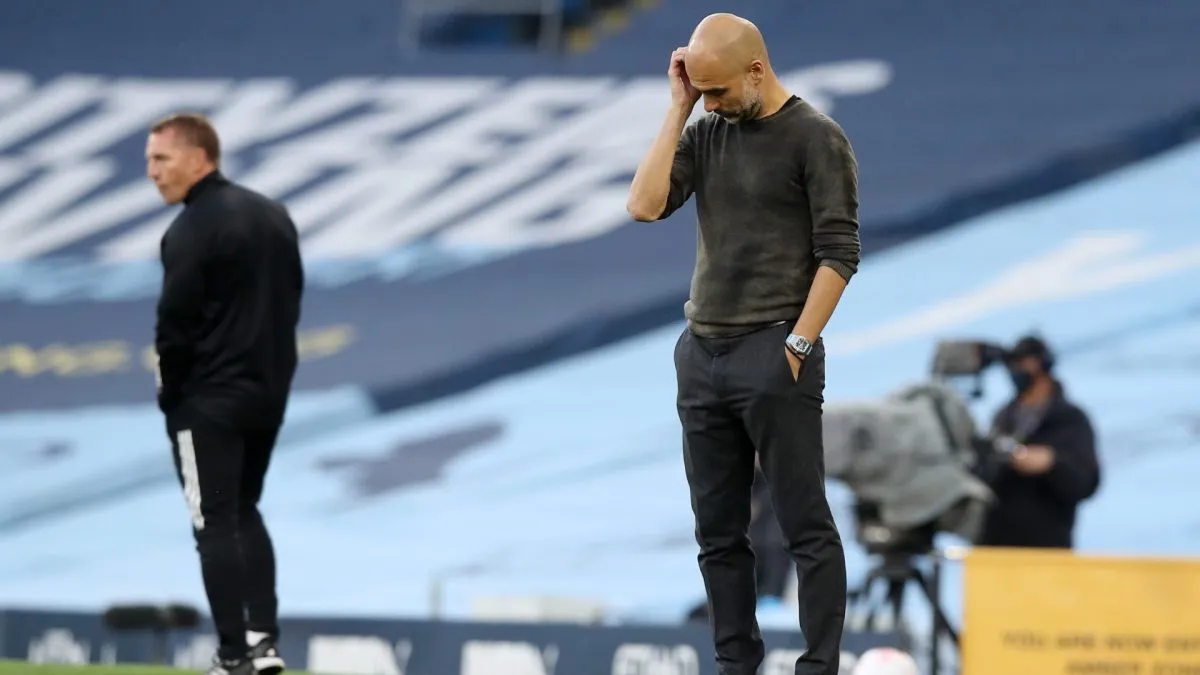 Pep Guardiola, Manager of Manchester City looks dejected during the Premier League match between Manchester City and Leicester City at Etihad Stadium on September 27, 2020 in Manchester, England.