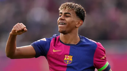 Lamine Yamal of FC Barcelona celebrates after Robert Lewandowski (not pictured) scores his team's first goal during the LaLiga match between FC Barcelona and Deportivo Alaves at Estadi Olimpic Lluis Companys on February 02, 2025 in Barcelona, Spain.