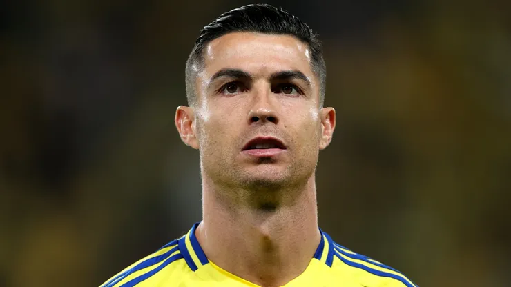Cristiano Ronaldo of Al Nassr lines up on the pitch ahead of the AFC Champions League Elite match between Al-Nassr and Al Wasl at King Saud University Stadium on February 03, 2025 in Riyadh, Saudi Arabia.