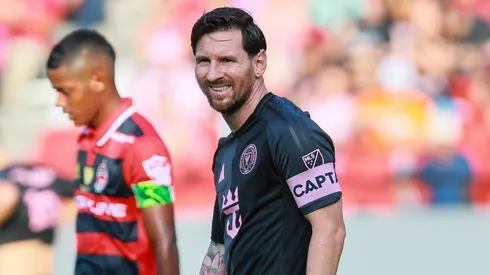 Lionel Messi of Inter Miami gestures during a friendly game between Sporting San Miguelito and Inter Miami at Rommel Fernandez Stadium on February 02, 2025 in Panama, Ciudad de Panama.