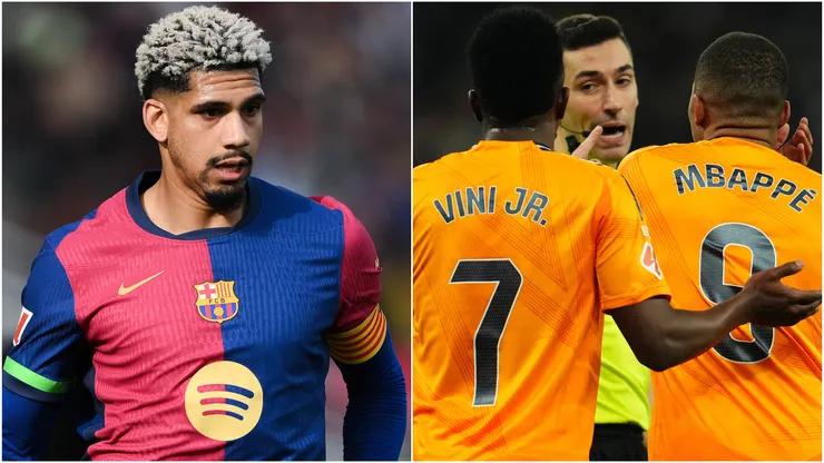 Ronald Araujo (left), Vinicius and Kylian Mbappe (right)