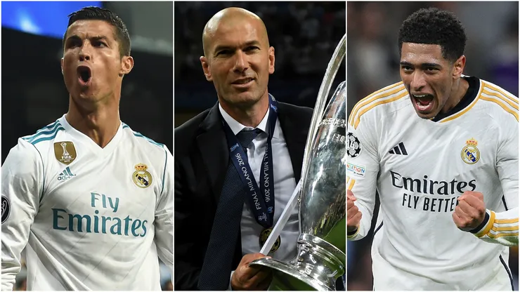 Cristiano Ronaldo (left), Jude Bellingham (center), and Zinedine Zidane (right)