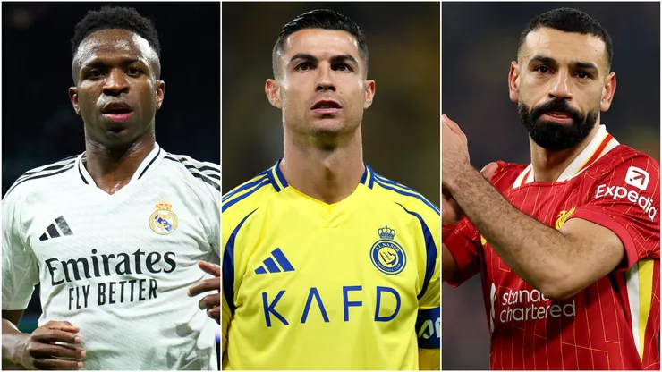 Vinicius (left), Cristiano Ronaldo (center), and Mohamed Salah (right)