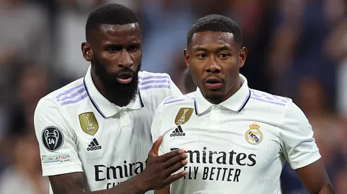 David Alaba is supported by Antonio Rudiger of Real Madrid after stopping a goal scoring chance during the UEFA Champions League semi-final first leg match between Real Madrid and Manchester City FC at Estadio Santiago Bernabeu on May 09, 2023 in Madrid, Spain.