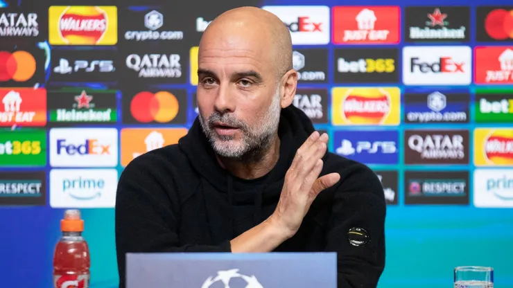 Manchester City F.C. manager Pep Guardiola speaks during a press conference at Manchester City s training ground at the Joie Stadium in Manchester, England, on February 9, 2025, ahead of their UEFA Champions League football match against Real Madrid.