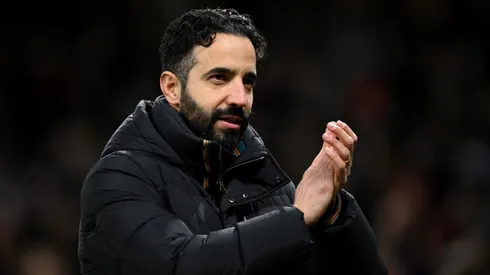 Ruben Amorim, Head Coach of Manchester United, applauds the fans at the end of the UEFA Europa League 2024/25 League Phase MD7 match between Manchester United and Rangers FC at Old Trafford on January 23, 2025 in Manchester, England.