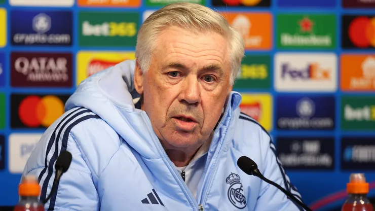 Carlo Ancelotti, Manager of Real Madrid speaks to the media during a press conference during the UEFA Champions League 2024/25 League Knockout Play-off first Leg Training And Press Conference at Manchester City Stadium on February 10, 2025 in Manchester, England.