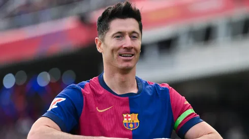 Robert Lewandowski of FC Barcelona celebrates scoring his team's first goal during the LaLiga match between FC Barcelona and Deportivo Alaves at Estadi Olimpic Lluis Companys on February 02, 2025 in Barcelona, Spain.