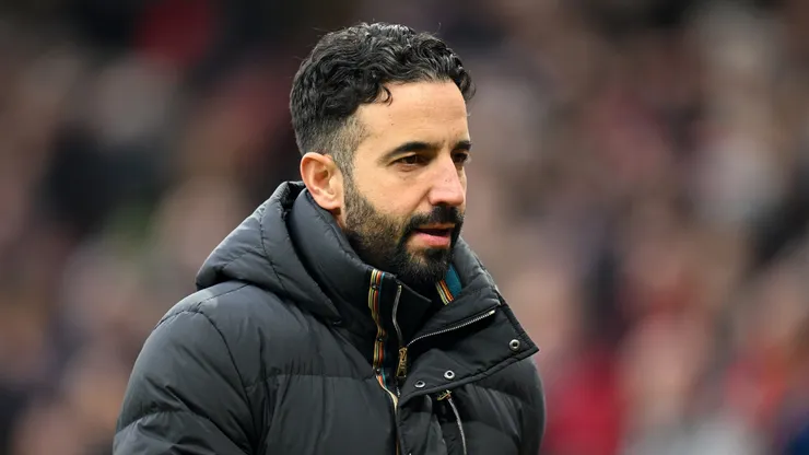 Ruben Amorim, Head Coach of Manchester United, leaves the pitch at half-time during the Premier League match between Manchester United FC and Crystal Palace FC at Old Trafford on February 02, 2025 in Manchester, England.
