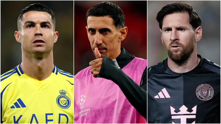 Cristiano Ronaldo (left), Angel Di Maria (center), Lionel Messi (right)