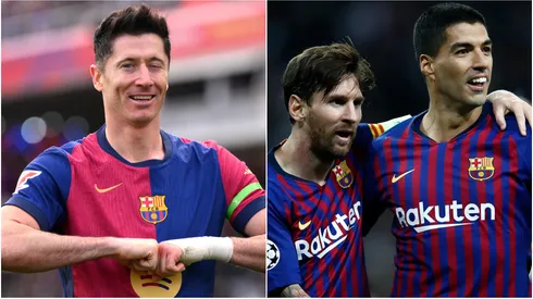 Robert Lewandowski (left) and Lionel Messi, Luis Suarez (right)