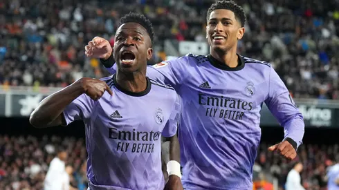 Vinicius Junior of Real Madrid celebrates with teammate Jude Bellingham.