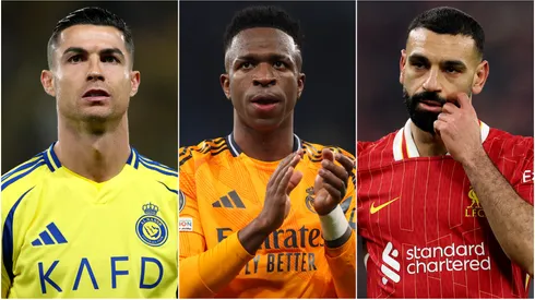 Cristiano Ronaldo (left), Vinicius (center), and Mohamed Salah (right)