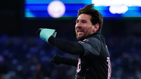 Lionel Messi of Inter Miami celebrates after scoring the team's first goal during a 2025 Concacaf Champions Cup first leg match between Sporting Kansas City and Inter Miami at Sporting Park on February 19, 2025 in Kansas City, Kansas.