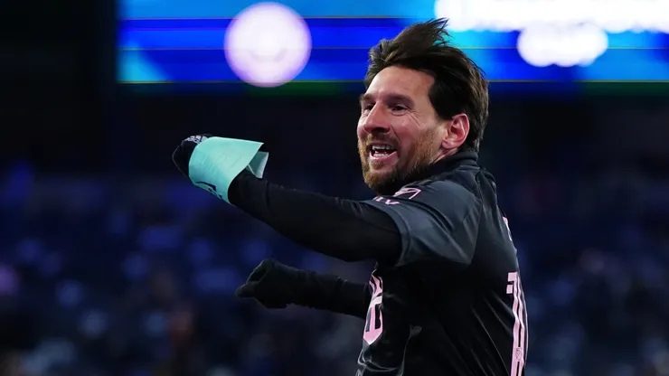 Lionel Messi of Inter Miami celebrates after scoring the team's first goal during a 2025 Concacaf Champions Cup first leg match between Sporting Kansas City and Inter Miami at Sporting Park on February 19, 2025 in Kansas City, Kansas.