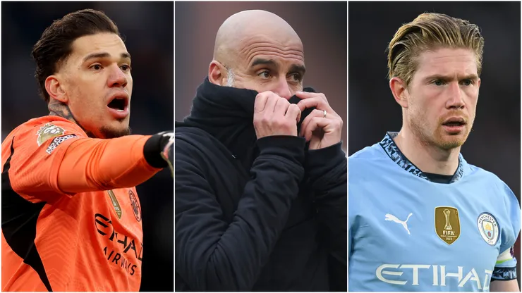 Ederson (left), Pep Guardiola (center), and Kevin De Bruyne (right)