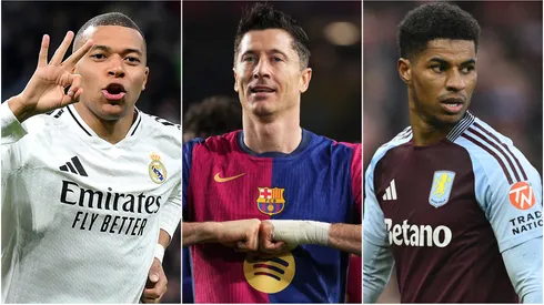 Kylian Mbappe (left), Robert Lewandowski (center), and Marcus Rashford (right)