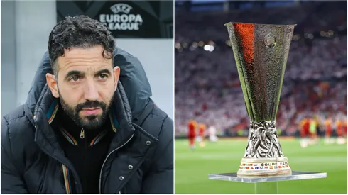 Ruben Amorim (left) and Europa League trophy (right)