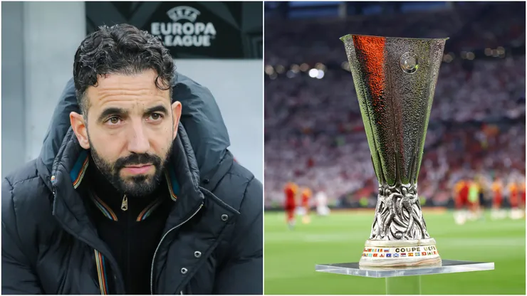 Ruben Amorim (left) and Europa League trophy (right)