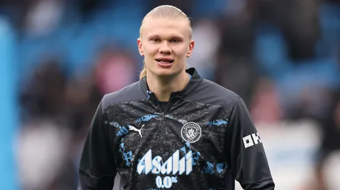 Erling Haaland of Manchester City looks on during the warm up prior to the Premier League match between Manchester City FC and Newcastle United FC at Etihad Stadium on February 15, 2025 in Manchester, England.