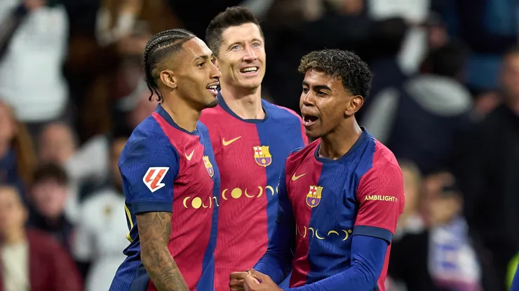 Raphinha, Robert Lewandowski, and Lamine Yamal of Barcelona